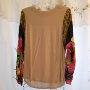 Easel Beige Top with Colorful Floral Sleeves